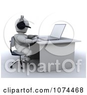 Poster, Art Print Of 3d White Character Wearing A Headset And Using A Laptop