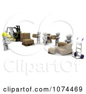 Poster, Art Print Of 3d White Characters Using A Dolly And Forklift In A Shipping Warehouse