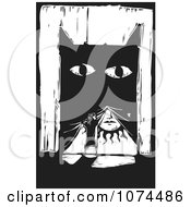 Clipart Black And White Woodcut Woman Lifting A Monster Curtain To Reveal The Sun Royalty Free Vector Illustration by xunantunich