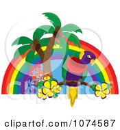 Poster, Art Print Of Tropical Parrot With Palm Trees And Hibiscus Flowers Under A Rainbow 2