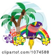 Poster, Art Print Of Tropical Parrot With Palm Trees And Hibiscus Flowers Under A Rainbow 3