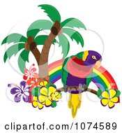 Tropical Parrot With Palm Trees And Hibiscus Flowers Under A Rainbow 1