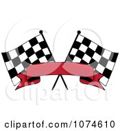 Two Crossed Checkered Racing Flags And A Red Banner