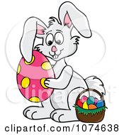 Poster, Art Print Of Gray Easter Bunny Hugging An Egg By A Basket 1