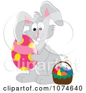 Poster, Art Print Of Gray Easter Bunny Hugging An Egg By A Basket 2