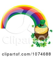 Leprechaun Hat And Pot Of Gold On Clovers At The End Of A Rainbow