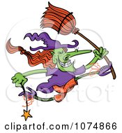 Clipart Wicked Halloween Witch Jumping With A Wand And Broom Royalty Free Vector Illustration