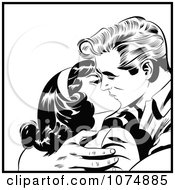 Clipart Black And White Retro Pop Art Couple Kissing And Holding Each Other Tight Royalty Free Vector Illustration