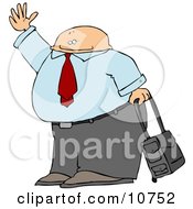 Traveling Businessman With Rolling Luggage Waving Goodbye Or Hailing A Taxi Cab