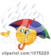 Clipart Emoticon Catching Rain In His Hand And Holding An Umbrella Royalty Free Vector Illustration