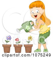 School Girl Watering Potted Flowers