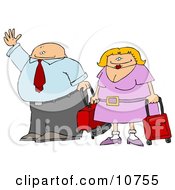 Poster, Art Print Of Middle Aged Traveling Couple With Luggage Hailing A Taxi Cab