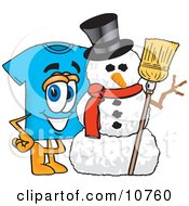 Poster, Art Print Of Blue Short Sleeved T-Shirt Mascot Cartoon Character With A Snowman On Christmas