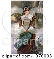 Pretty Puritan Woman Holding Holly In Her Apron While Standing In The Snow