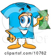 Blue Short Sleeved T-Shirt Mascot Cartoon Character Holding A Dollar Bill