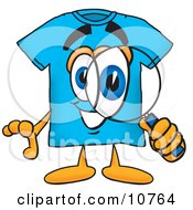 Blue Short Sleeved T-Shirt Mascot Cartoon Character Looking Through A Magnifying Glass