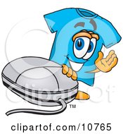 Blue Short Sleeved T-Shirt Mascot Cartoon Character With A Computer Mouse