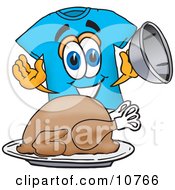 Poster, Art Print Of Blue Short Sleeved T-Shirt Mascot Cartoon Character Serving A Thanksgiving Turkey On A Platter