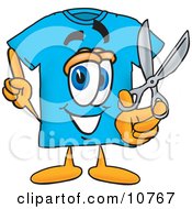 Blue Short Sleeved T-Shirt Mascot Cartoon Character Holding A Pair Of Scissors