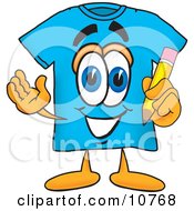 Blue Short Sleeved T-Shirt Mascot Cartoon Character Holding A Pencil