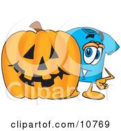 Poster, Art Print Of Blue Short Sleeved T-Shirt Mascot Cartoon Character With A Carved Halloween Pumpkin