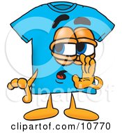 Poster, Art Print Of Blue Short Sleeved T-Shirt Mascot Cartoon Character Whispering And Gossiping