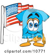 Poster, Art Print Of Blue Short Sleeved T-Shirt Mascot Cartoon Character Pledging Allegiance To An American Flag