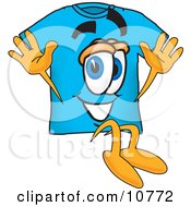 Poster, Art Print Of Blue Short Sleeved T-Shirt Mascot Cartoon Character Jumping