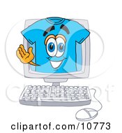 Clipart Picture Of A Blue Short Sleeved T Shirt Mascot Cartoon Character Waving From Inside A Computer Screen by Toons4Biz