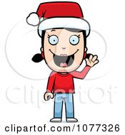 Clipart Christmas Girl Waving And Wearing A Santa Hat Royalty Free Vector Illustration