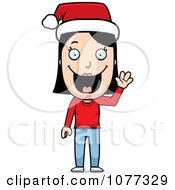 Happy Christmas Woman Waving And Wearing A Santa Hat