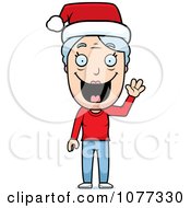 Clipart Happy Christmas Granny Waving And Wearing A Santa Hat Royalty Free Vector Illustration