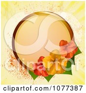 Poster, Art Print Of Circular Frame With Red And Yellow Hibiscus Flowers Over Yellow Grunge