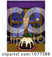Clipart 3d Christmas Pudding By A Window And Decorated Tree Royalty Free Vector Illustration by elaineitalia