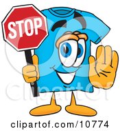 Blue Short Sleeved T-Shirt Mascot Cartoon Character Holding A Stop Sign