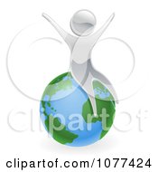 Clipart 3d Silver Person Celebrating On Top Of The World Royalty Free Vector Illustration