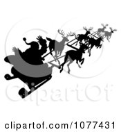 Clipart Silhouette Of Santa Waving And Flying Past In His Reindeer Sleigh Royalty Free Vector Illustration