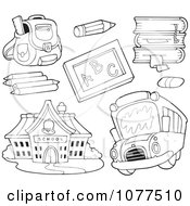 Poster, Art Print Of Outlined School Items A Bus And Building 1