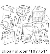 Poster, Art Print Of Outlined School Items A Bus And Building 2
