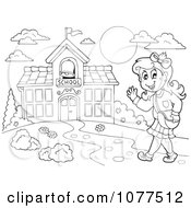 Clipart Outlined Happy Female Student Walking To School Royalty Free Vector Illustration