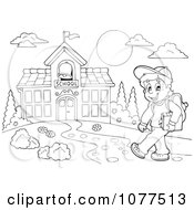 Clipart Outlined Happy School Boy Walking On A Path To A Building Royalty Free Vector Illustration by visekart