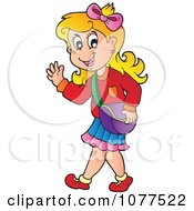 Clipart Happy School Girl Waving And Walking Royalty Free Vector Illustration