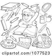 Clipart Outlined School Girl With Items 1 Royalty Free Vector Illustration
