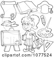 Poster, Art Print Of Outlined School Girl With Items 2