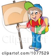 Clipart Happy School Boy Holding Up A Sign Royalty Free Vector Illustration