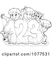 Poster, Art Print Of Outlined Dog Cat And School Children On 123