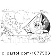 Poster, Art Print Of Outlined Pirate Rowing Towards An Island