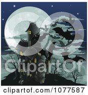 Poster, Art Print Of Haunted Halloween House With Vampire Bats And A Full Moon