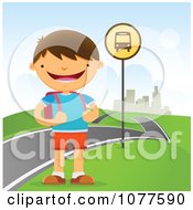 Poster, Art Print Of Happy School Boy Waiting At A Roadside Bus Stop
