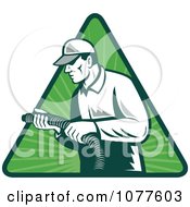 Clipart Green Tradesman Holding An Insulation Hose Over A Triangle Royalty Free Vector Illustration